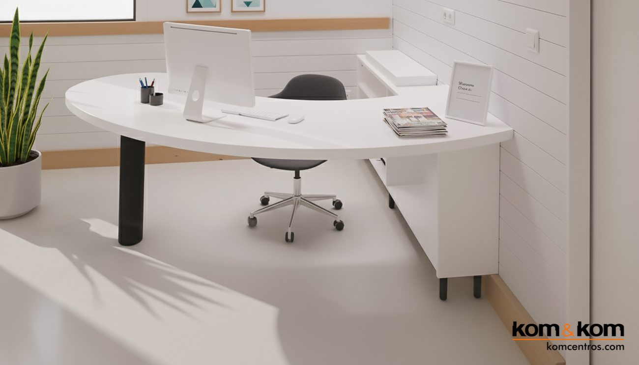 Puesto de trabajo moderno con escritorio curvo blanco con monopata negra, complementado con módulos de almacenamiento y estantes funcionales.